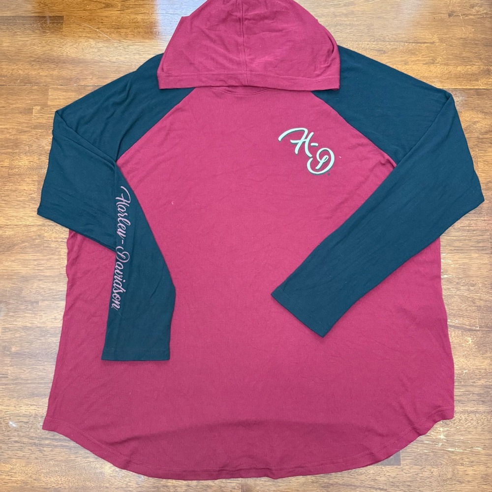 Harley Davidson Hoodie Womens 3W Red Black Raglan Long Sleeve Ribbed 96212-22VW - Picture 2 of 8